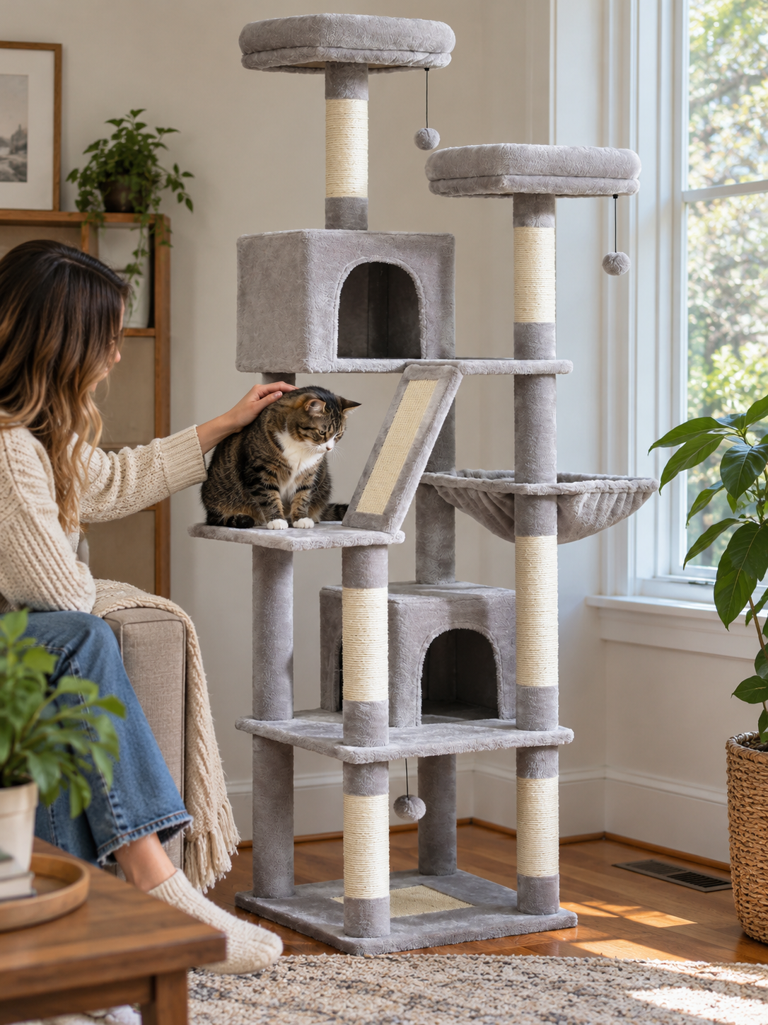Multi-Level Plush Cat Tree & Condo in an everyday home setting